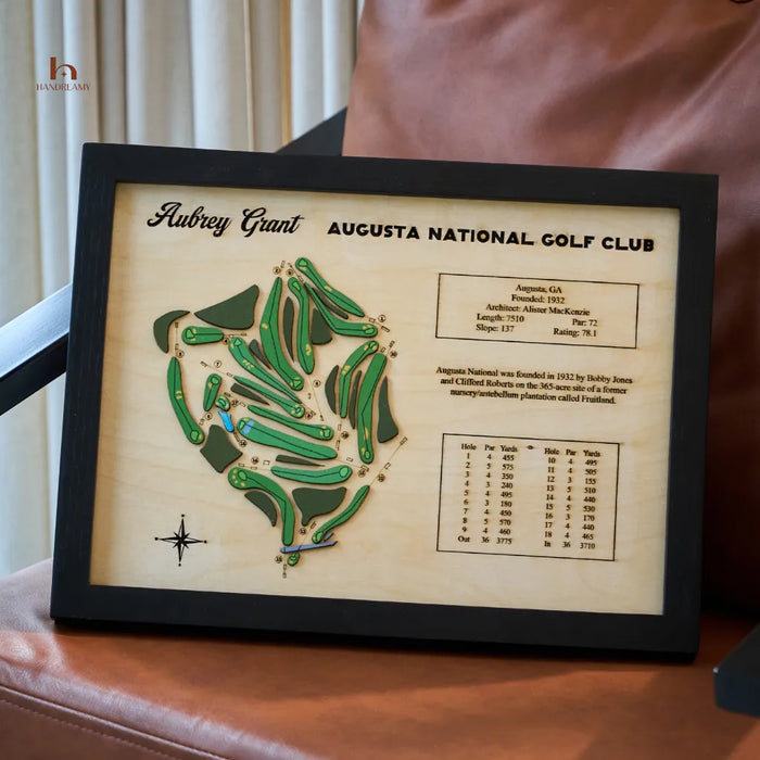 Framed map of Augusta National Golf Club with detailed information on a wooden surface.