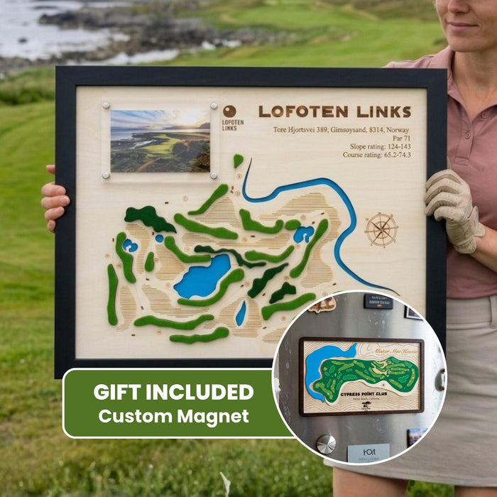 Lofoten Links 3D wooden golf course map with photo, gift custom magnet included.